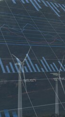 Poster - Animation of multiple graphs with changing numbers over windmill against mountain and cloudy sky