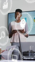 Poster - Animation of multiple digital icons against african american woman giving a presentation at office