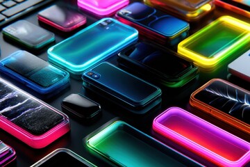 Poster - Colorful collection of modern smartphones and accessories on a dark surface