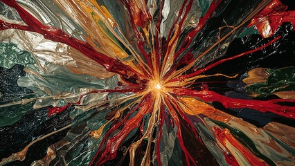 Poster - Abstract painting with a central burst of color radiating outwards in a dynamic composition