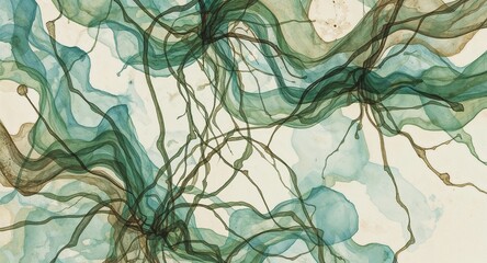Poster - Abstract watercolor painting featuring flowing lines and translucent green and brown shapes