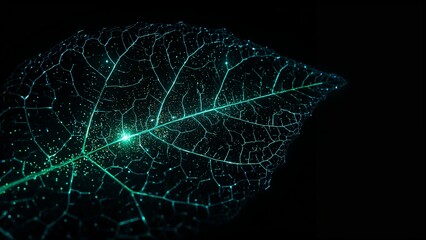 Poster - Close up of a glowing leaf skeleton with green veins and dots against a dark background space for text