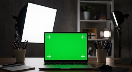 Fototapete - Green Screen Laptop on Desk with Studio Lighting Setup for Video Production
