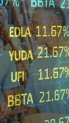 Poster - Animation of financial data processing over people working in warehouse