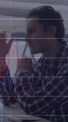 Aufkleber - Animation of multiple graphs with changing numbers, tired caucasian man looking at desktop