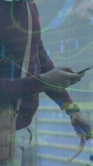 Poster - Animation of graphs, trading board, senior african american man with bicycle scrolling on cellphone