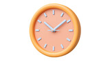3D Stylish orange wall clock with pastel color face isolated on white background