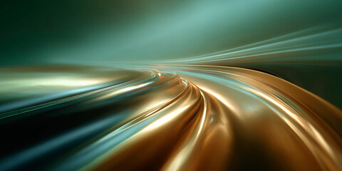 Poster - Abstract flowing metallic shapes in copper and teal tones with soft lighting and dynamic motion in a futuristic concept background
