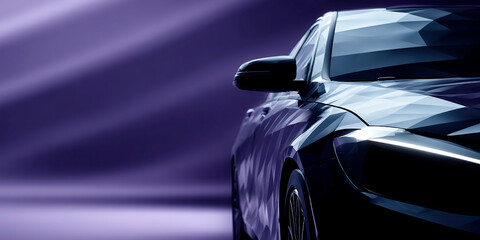 Poster - stylized polygonal rendering of a modern car front under dramatic lighting with a sleek purple backg