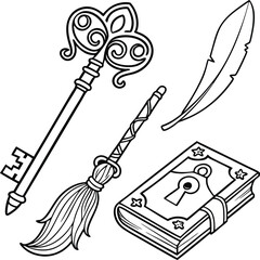 Poster - An intricate vintage vector illustration set featuring an angel, an ancient scroll, and a scroll with a sword, all rendered in a classic musical design