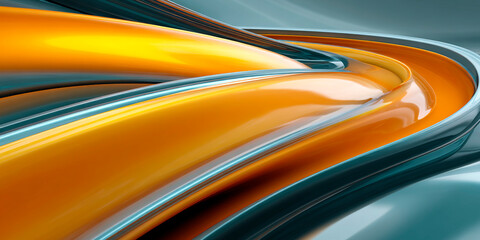 Poster - abstract composition of flowing orange and teal glossy forms with smooth curves and reflective metal