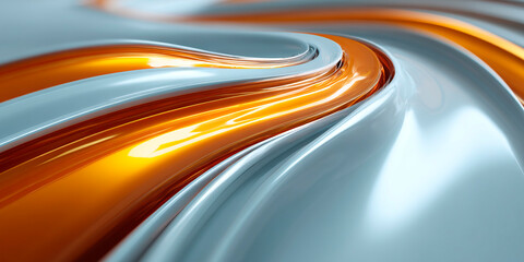 Poster - Abstract composition of flowing glossy orange and silver forms with smooth curves and futuristic reflective surfaces