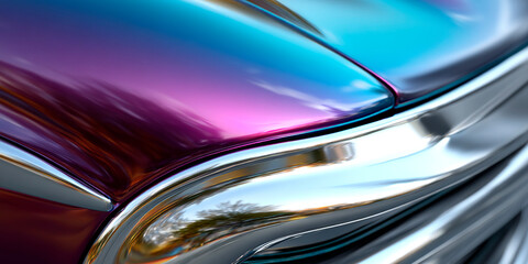 Poster - Close-up of a vibrant iridescent car hood with smooth chrome detailing and colorful reflections in purple, blue and cyan tones
