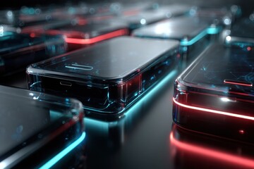 Poster - Futuristic smartphones illuminated with neon lights in high-tech display setup