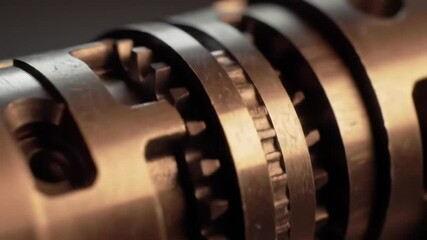 Poster - Intricate Metal Gears and Cogwheels Rotating with Warm Light Highlighting Mechanical Details Against Dark Background