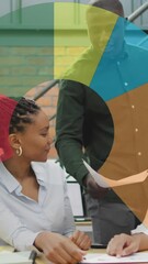 Poster - Animation of data processing over diverse man giving a document to two female colleagues at office