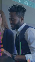 Poster - Animation of data processing over diverse businessman and businesswoman discussing at office