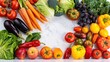 © Jahid - A vibrant assortment of fresh organic vegetables and fruits arranged on a marble surface