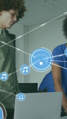 Poster - Animation of connected icons over diverse female coworkers discussing reports in office