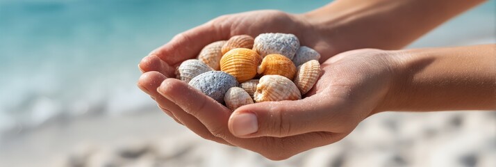 Poster - Woman cupping colorful seashells in her hands at the beach, with sparkling turquoise water and white sand creating a serene vacation backdrop