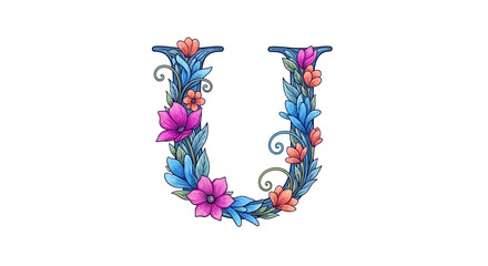 Aufkleber - Vector floral letter u design with watercolor flowers and leaves for wedding invitations and monogram logo design