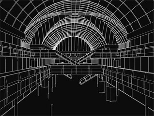 Poster - A black and white blueprint drawing reveals the interior of an airport building with a distinctive curved roof. The dark background enhances the mysterious atmosphere of the architectural design.