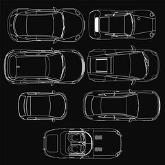 Poster - A sleek car blueprint in top view on a black background, showcasing detailed design elements and precise measurements. The minimalist set highlights the vehicle's contours and technical. Top view