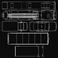 Poster - A set of vehicle outlines including a school bus, ambulance, taxi, bus, and fire truck in top view perspective. White vector illustration lines on black background with clean, simple design.