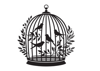 bird in a cage logo design silhouette vectors illustration, bird in a cage silhouette vector logo, silhouette birdcage vector logo, vintage black birdcage logo silhouettes vector on a white background
