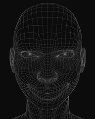 Poster - A 3D wireframe of a man's face features a detailed grid pattern on a black background. The realistic head model showcases intricate facial contours with a futuristic aesthetic.