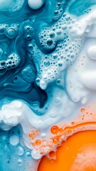 Poster - Bright colors swirl together, forming a captivating abstract blend of blue, orange, and white with bubbles creating unique textures