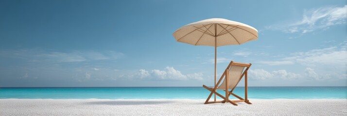 Poster - Wooden beach chair and parasol standing on white sand beach facing beautiful turquoise ocean under partly cloudy sky, creating idyllic scene of summer vacation