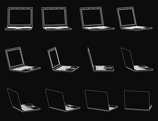 Fototapete - A row of sleek laptops with unique designs arranged on a black background, featuring intricate details and colors ranging from silver to black. Some devices overlap, creating a dynamic composition.
