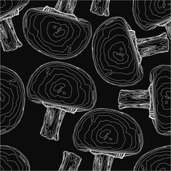 Poster - Black and white mushrooms form a seamless pattern on a dark background, creating an elegant and organic design. The detailed illustration features varied mushroom shapes with intricate gills.