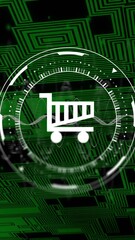 Poster - Shopping cart icon animation over green geometric patterns and waveforms