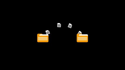 Poster - Digital file transfer concept illustrating data sharing and information exchange between two folders with documents icons on a black background