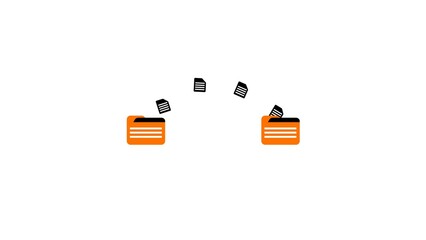 Poster - Data transfer and document exchange represented by stylized orange folders and papers with files moving between two sides demonstrating digital workflow and document sharing on white background.