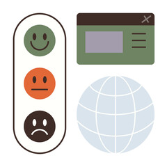 Poster - Feedback scale with happy, neutral, and sad emotions, a browser window, and globe highlights user sentiment, online reviews. Ideal for feedback, user interaction, reviews global communication