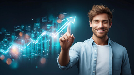 Poster - Young man points towards futuristic digital overlay, technology innovation, abstract background, digital transformation, modern business, connectivity, and future tech concept.