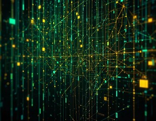 Aufkleber - Abstract digital network with green and yellow lines and squares on a dark background creating a futuristic look