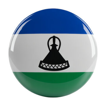 Lesotho flag button emblem gleams with its national colors and iconic Basotho hat symbol in glossy rendering
