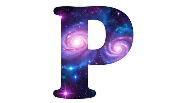 Vector letter p galaxy space cosmic nebula stars universe astronomy celestial alphabet initial design graphic art