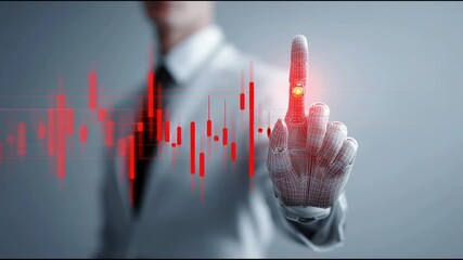 Poster - Man in suit pointing at red line illustrating business ai alert system concept with focus on market trends and insights. AI Business Alert System with Market Graph – Animated Video Version