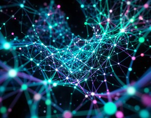 Poster - Glowing network of interconnected nodes and lines in shades of blue green and purple on dark background