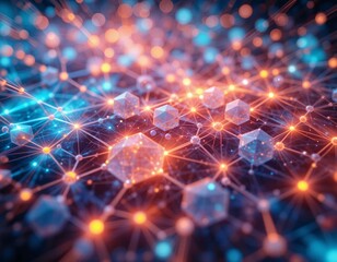 Poster - Abstract network with glowing nodes and geometric shapes in blue and orange color scheme background