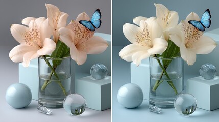 Poster - Delicate butterflies dance among soft flowers and glass spheres, set against a backdrop of pastel geometric shapes in a minimalist studio