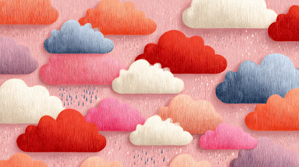 Poster - Pastel Clouds Pattern with Gentle Rain, Seamless Repeating Design for Backgrounds, Textiles, and Creative Projects.
