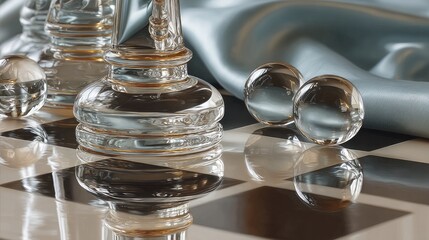 Poster - A stunning glass queen chess piece rests elegantly on a pastel-checkered surface, showcasing intricate details and vibrant colors