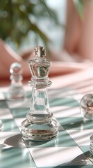 Poster - A stunning glass queen chess piece rests elegantly on a pastel-checkered surface, showcasing intricate details and vibrant colors