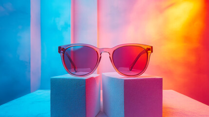 Poster - Stylish sunglasses displayed on pedestals with vibrant blue and orange lighting in a modern art setting